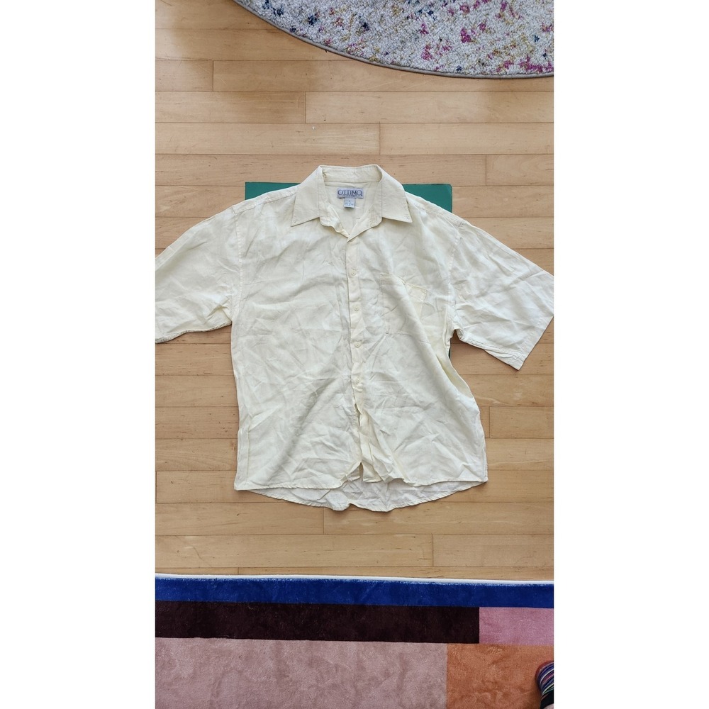 Vintage Linen 100% Men's Yellow Solid Woven Shirt L Short Sleeve Button UP